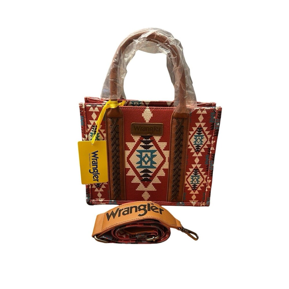 Wrangler Southwestern Aztec Print Canvas Tote Crossbody Bag Burgundy Brown Multi